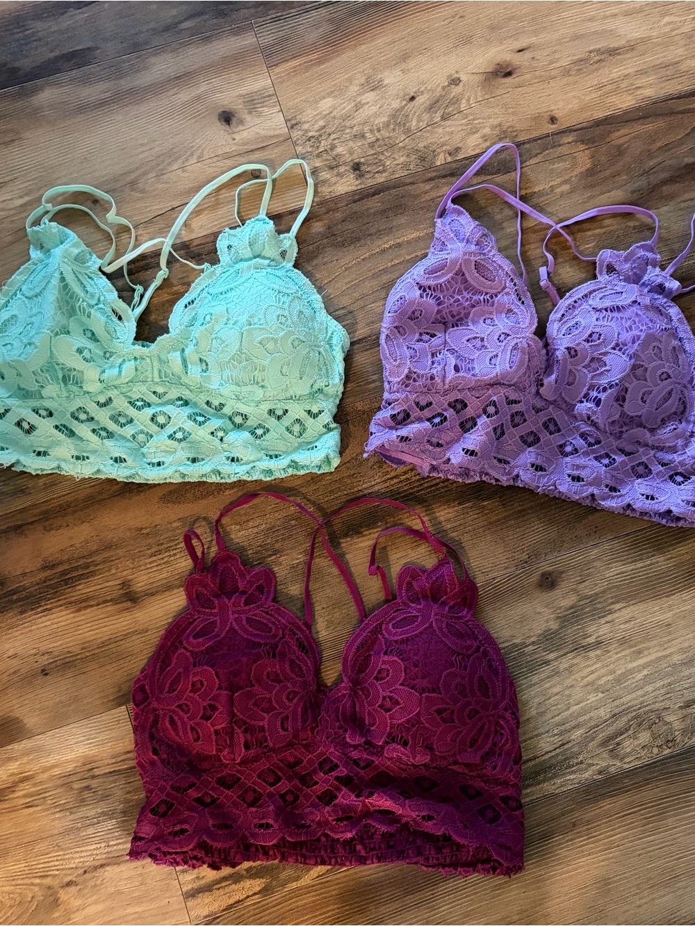 Lace Bralette Trio — Mint, Lavender & Plum